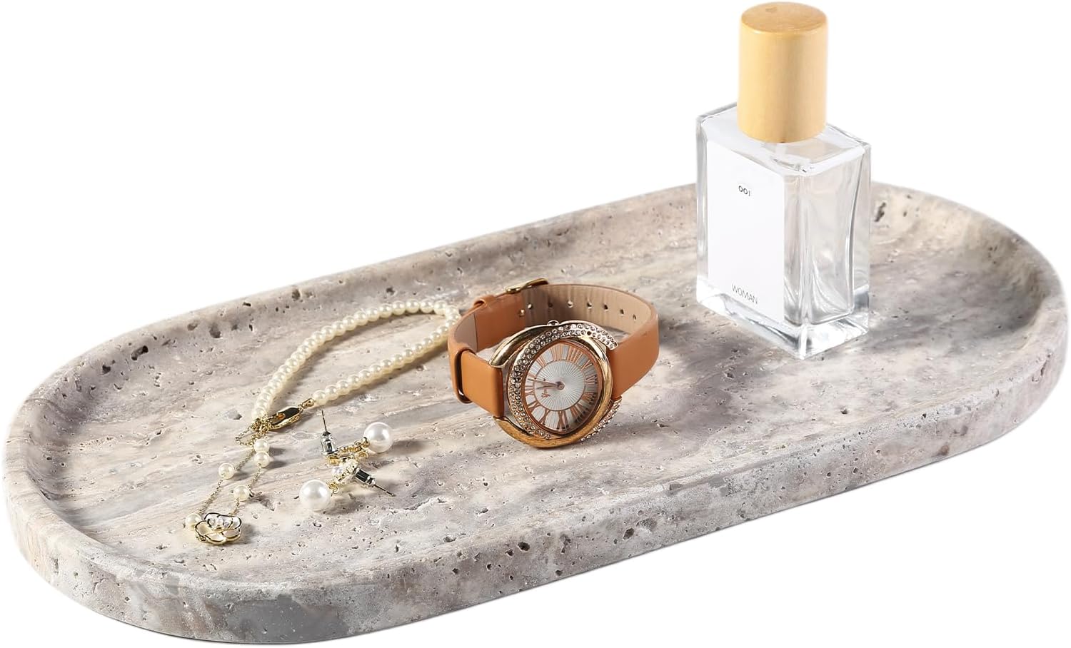 Koville Natural Travertine Tray for Bathroom Countertop, 12"x6" Vanity Decorative Marble Tray for Perfume, Candles, Jewelry, Stone Catchall Trays Jewelry Dish, Silver Stone Trays for Kitchen Counter