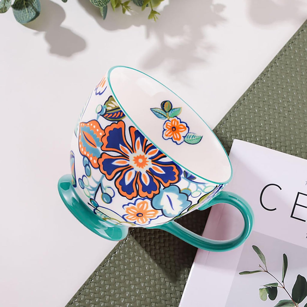 Vintage Flower Mugs – Large Ceramic Coffee Mug (15oz) – Cute Cereal Cup for Breakfast, Oatmeal Tea & Hot Drinks – Handmade Ceramic Cup with Floral Design