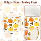 Whaline 100Pcs Fall Paper Baking Cups Pumpkin Maple Leaf Cupcake Wrappers Orange Yellow Brown Scalloped Edge Cupcake Muffin Cases for Autumn Thanksgiving Dessert Decoration