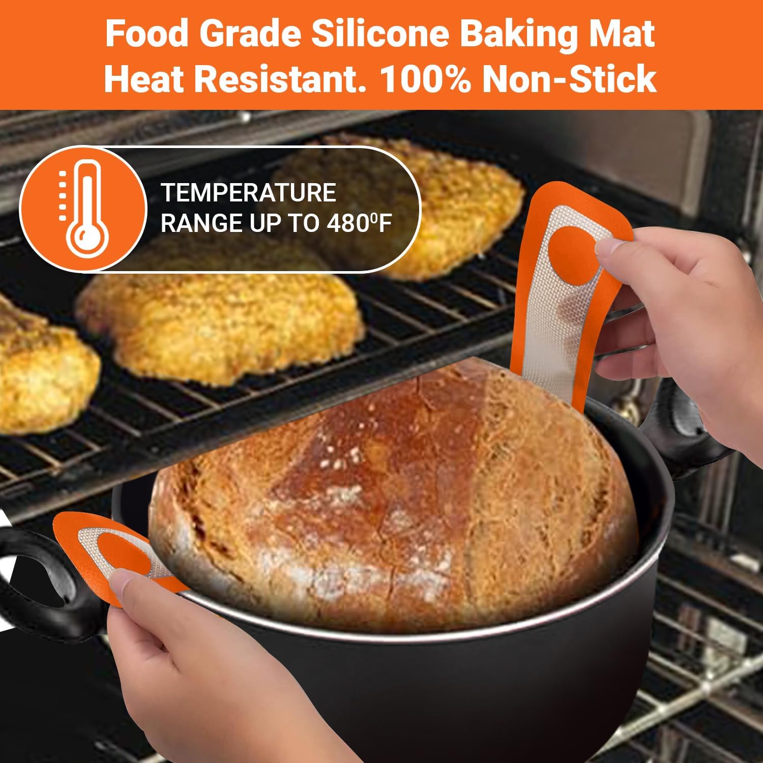 Silicone Bread Sling for Dutch Oven - 2 Pcs Non-Stick & Easy to Clean Reusable Silicone Bread Baking Mat Set with Extra Long Handles, Easy to Transfer Sourdough Bread, Gray, Orange