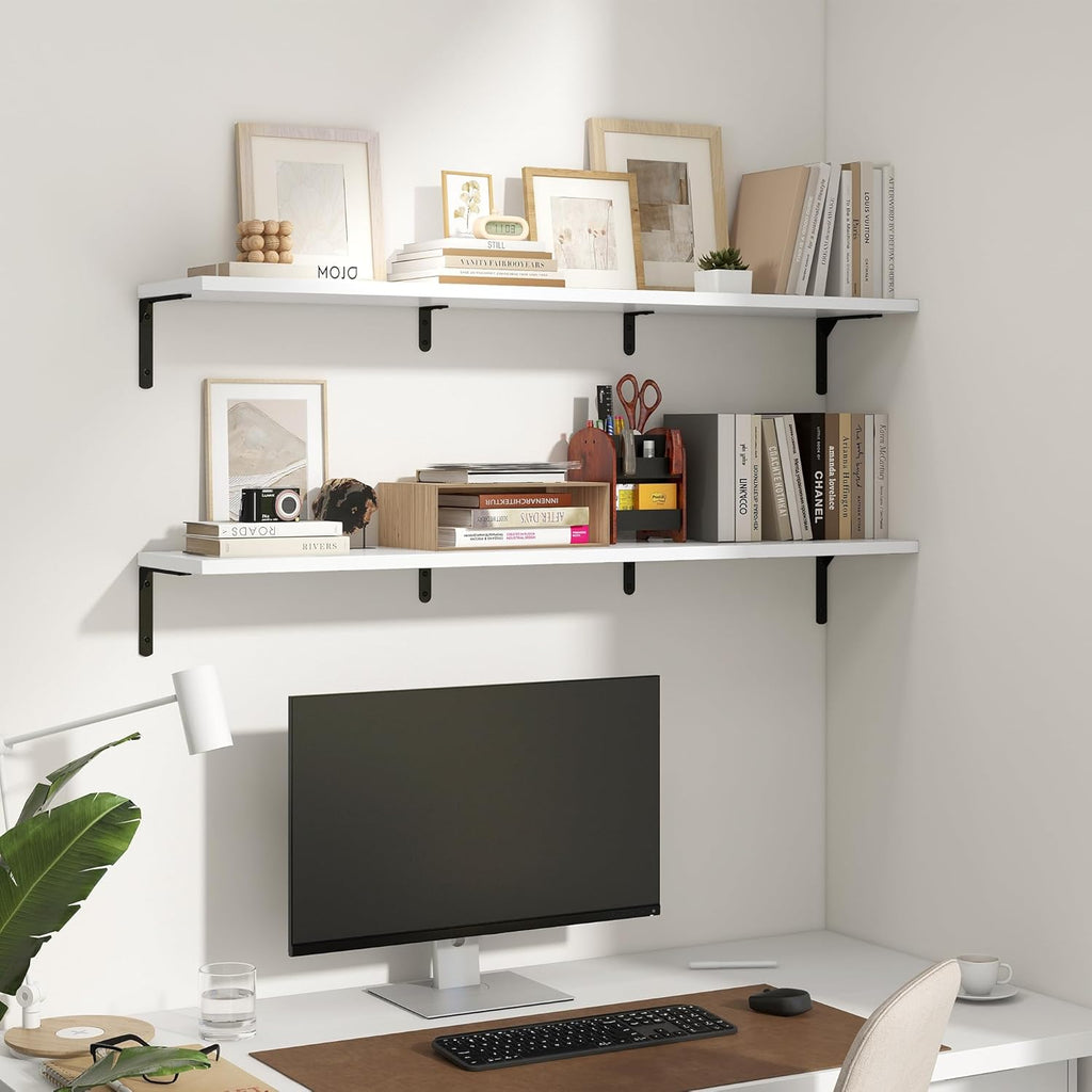 Fun Memories Deep Floating Shelves, 48W x 8D Floating Shelves Set of 2, Wall Mounted Shelf with Metal Brackets, Rustic Wood Wall Shelf for Bathroom, Kitchen and Living Room, White