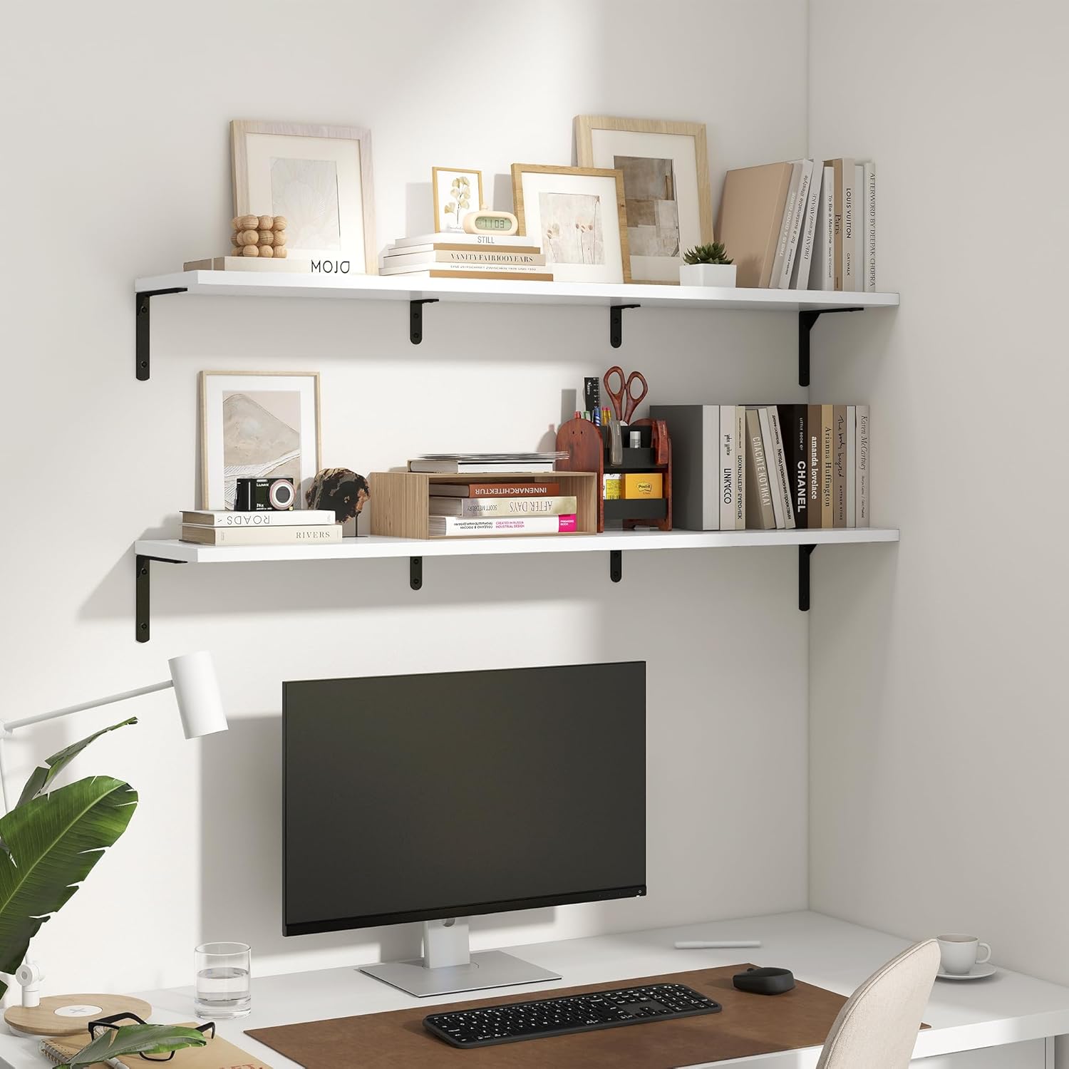 Fun Memories Deep Floating Shelves, 48W x 8D Floating Shelves Set of 2, Wall Mounted Shelf with Metal Brackets, Rustic Wood Wall Shelf for Bathroom, Kitchen and Living Room, White