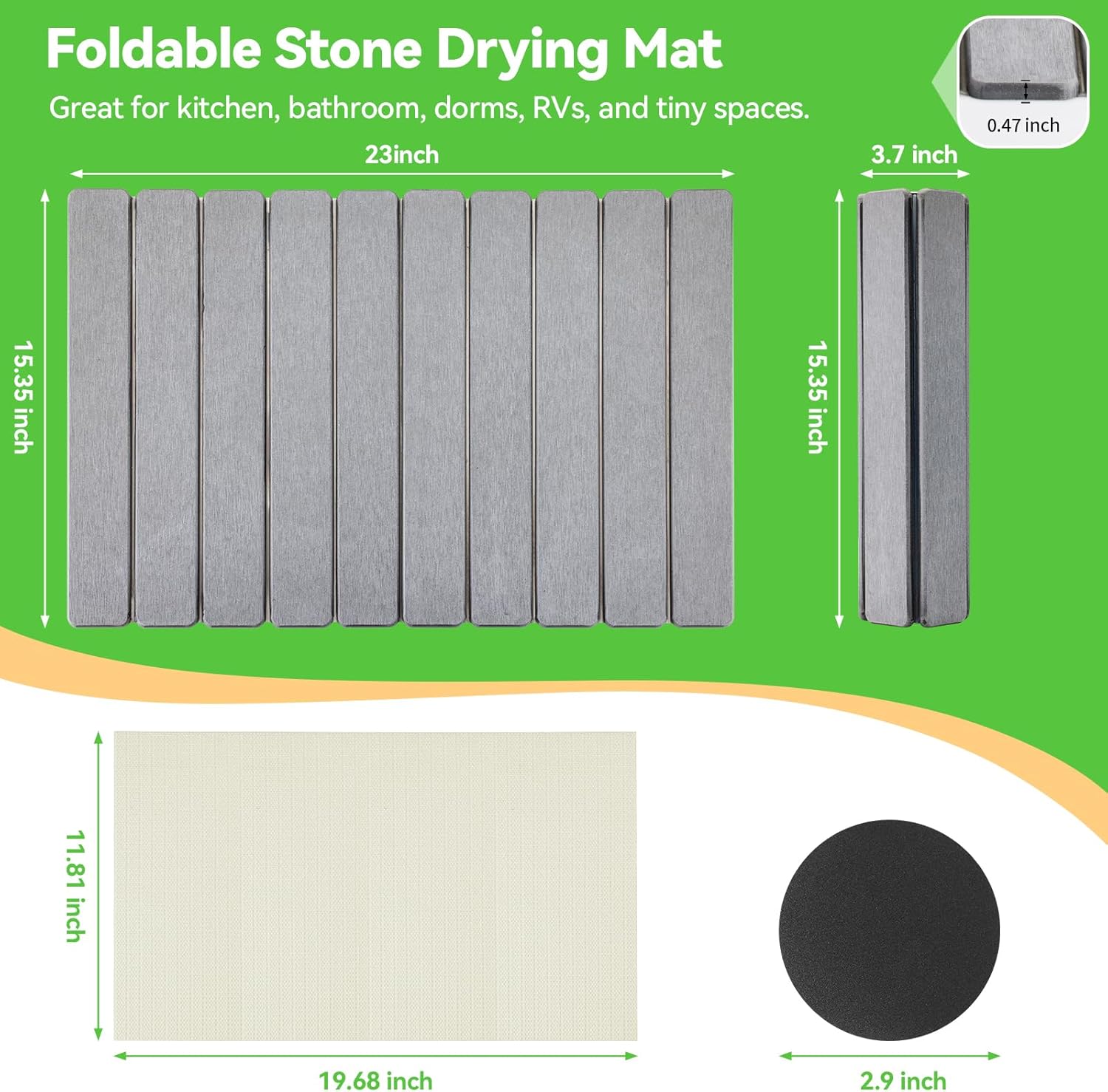 Large Stone Drying Mat for Kitchen Counter, Collapsible Quick Dry Stone Bath Mats for Bathroom, Ultra Absorbent Diatomaceous Earth Dish Mat for Dishes Cups Cookware Countertop, 23.23'' x 15.4'', Grey