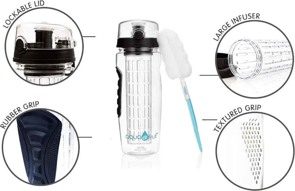 AquaFrut 32 OZ Fruit Infuser Water Bottle BPA-Free Fruit Infusion Sports Bottle - Flip Top Lid w Drinking Spout, Leak Proof, Made of Durable Tritan. Free Recipe eBook! (Black)