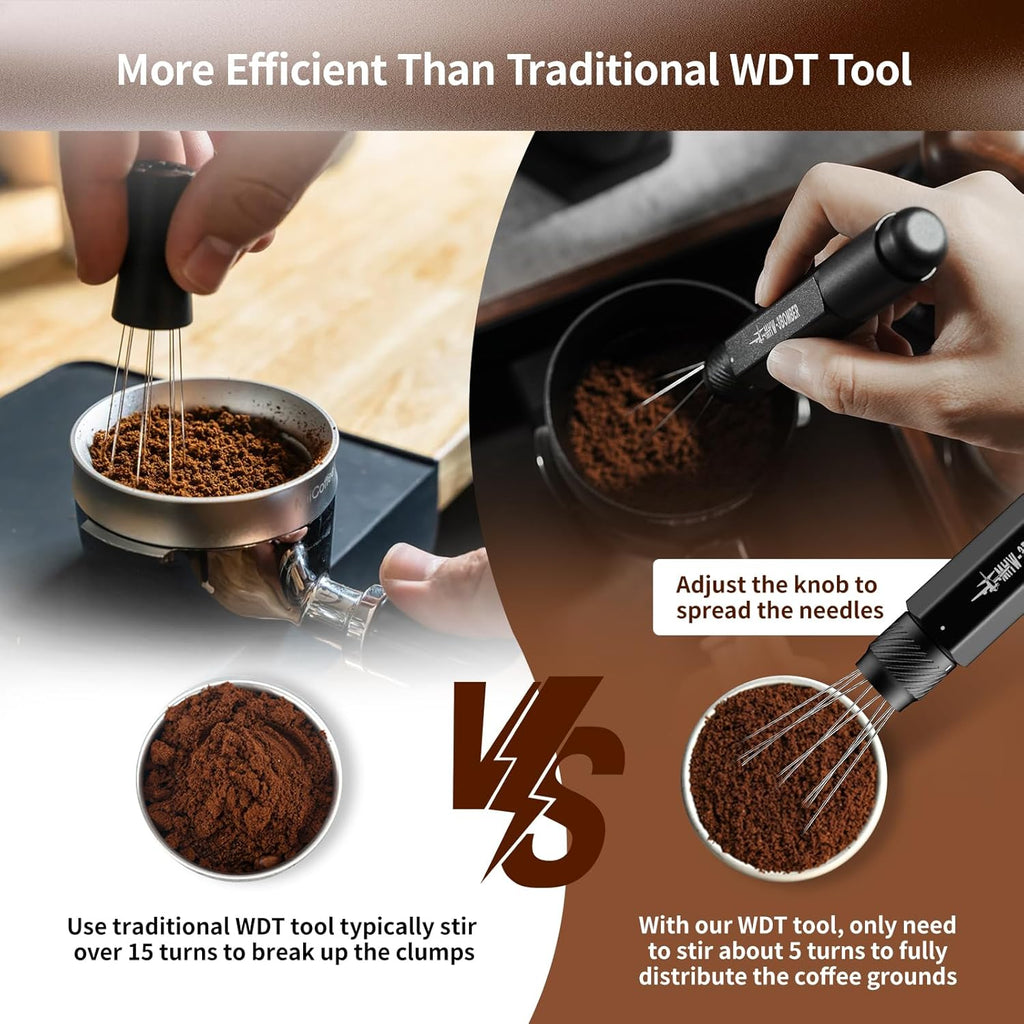 MHW-3BOMBER Retractable WDT Tool Espresso Distribution Tool with Magnetic Store, Adjustable Range Coffee Stirrer Tool for Barista, 0.4mm 8 Stainless Steel Needles with 8 Extra, Silver, T6189S-OS