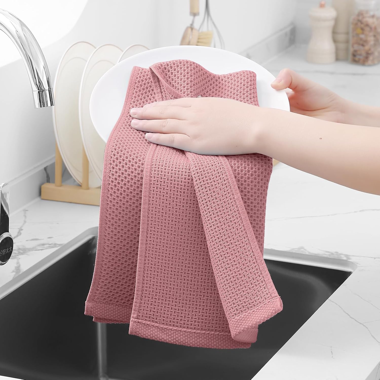 Homaxy 100% Cotton Waffle Weave Kitchen Dish Towels, Ultra Soft Absorbent Quick Drying Cleaning Towel, 13 x 28 Inches, 4-Pack, Dried Rose