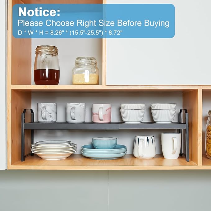 25.5 Inches 2 Pack Expandable Cabinet Shelves, Stackable Shelf Organizer for Kitchen Cabinet Countertop Storage, Adjustable Counter Cupboard Pantry Organizer Shelf Rack Stand Riser, Black