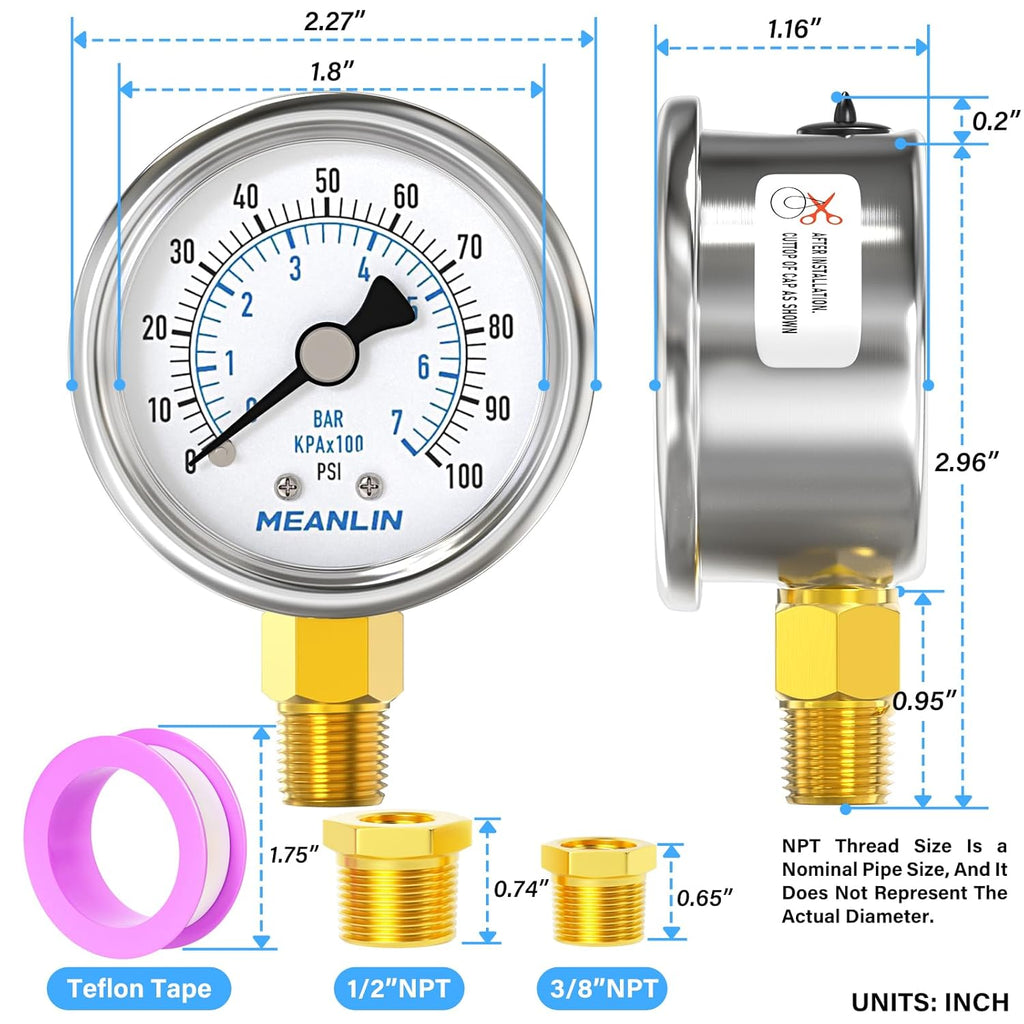 MEANLIN MEASURE 0~100Psi Dry Pressure Gauge Stainless Steel 1/4" NPT 2" FACE DIAL Waterproof for Well Pump Water Tire Water Pressure Tester Lower Mount, with 1/2" NPT and 3/8" NPT Hex Bushing