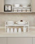 Nxconsu 2Pack Cabinet Shelf Organizer Expandable 5 Heights Adjustable Stackable Rack Riser for Kitchen Pantry Cupboard Under Sink Organization Storage Space Saver Heavy Duty Metal White