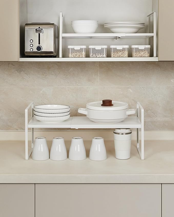 Nxconsu 2Pack Cabinet Shelf Organizer Expandable 5 Heights Adjustable Stackable Rack Riser for Kitchen Pantry Cupboard Under Sink Organization Storage Space Saver Heavy Duty Metal White