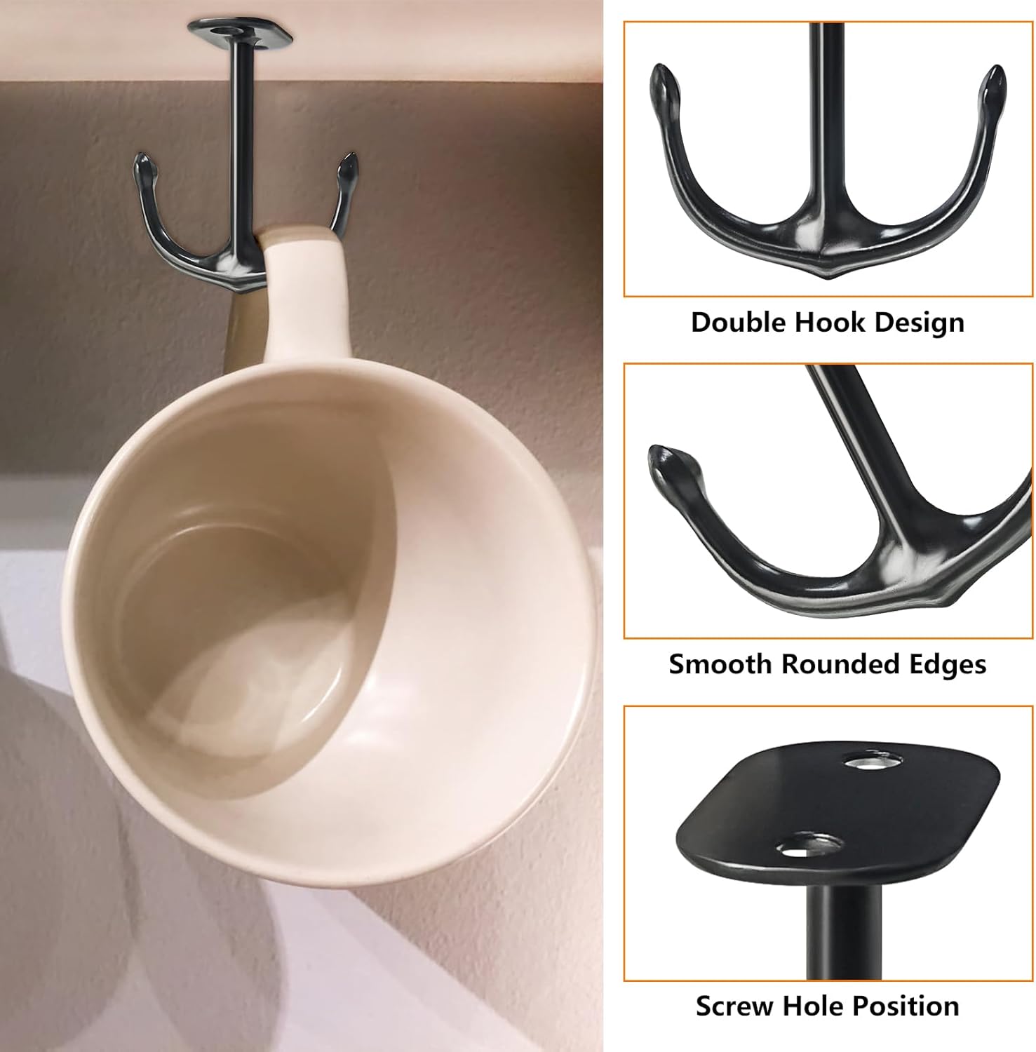 Anchor Shape Zinc Alloy Double Prong Ceiling Hooks, 4-Pack Under Shelf Coat Hooks Hanging Towel Robe Clothes Cap Bathroom Kitchen Cabinet Garage Use (Black)