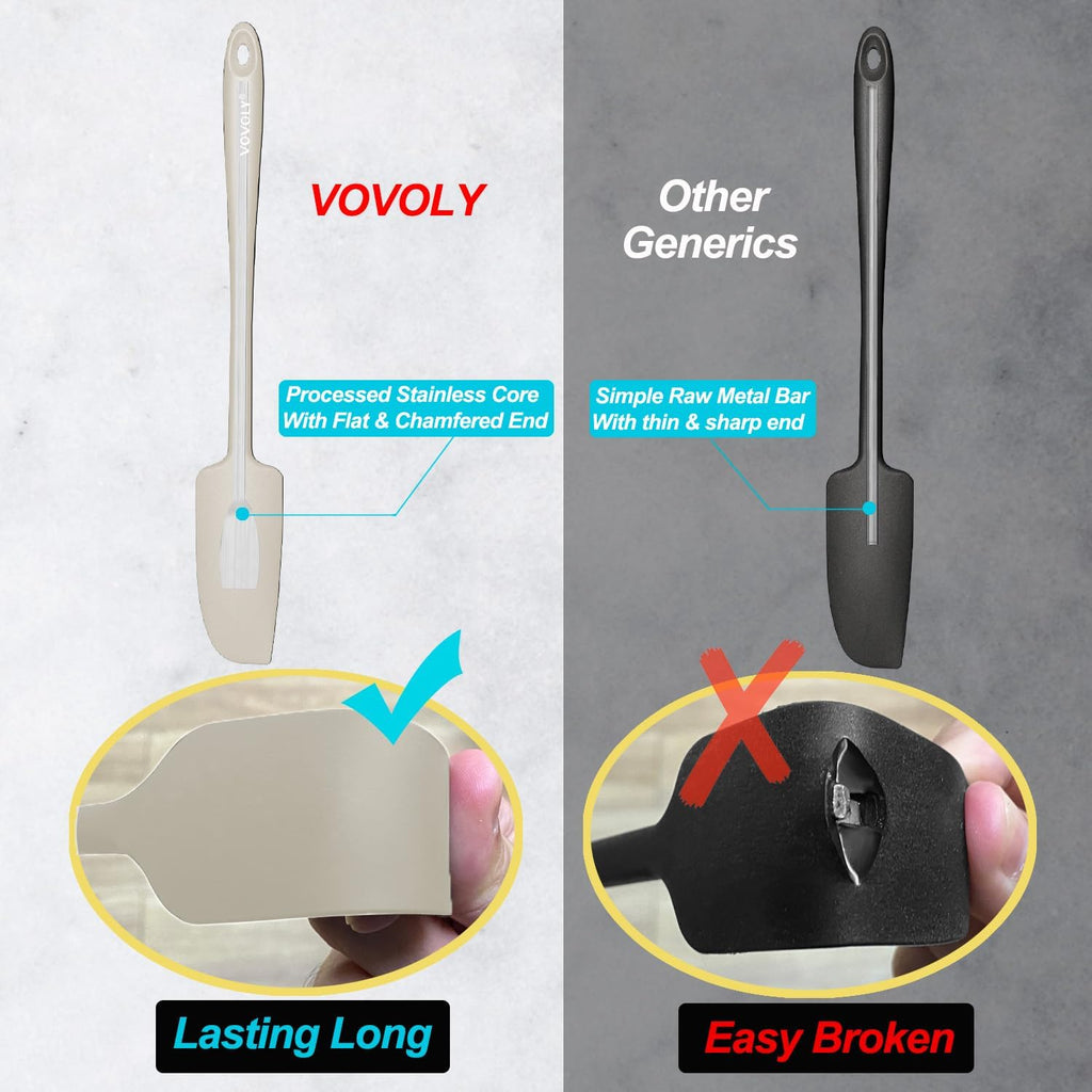 2-Pack Vovoly Silicone Jar Spatulas, Small Seamless Design Rubber Scraper with Stainless Steel Core, Heat Resistant and Non-Stick Mini Spatula for Jars and Blenders, BPA Free,11 IN, Khaki