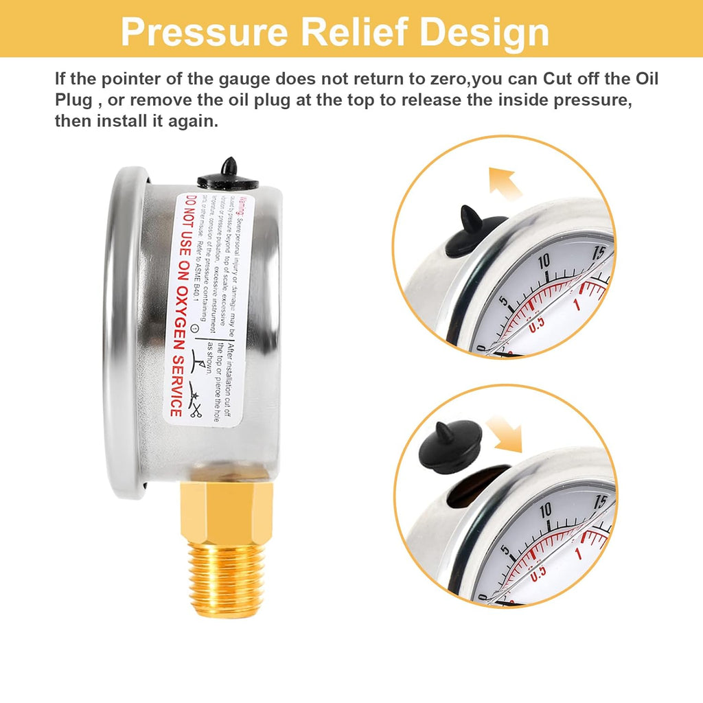 Pressure Vacuum Gauge 2-1/2" Dial Liquid Filled -30 inhg/30 PSI, Rubber Protective Case, 1/4" Brass Lower Mount, Including 1/4" to 1/8" Thread Adapter and Teflon Tape