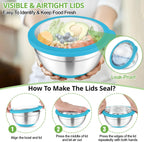 TeamFar Mixing Bowls, 5PCS Stainless Steel Serving Salad Bowls with Lids, For Kitchen Mixing/Baking/Storing/Prepping, Visible & Airtight, Non-Slip Bottom - 4.6/3.5/1.5/1 / 0.7 QT, Multi-color