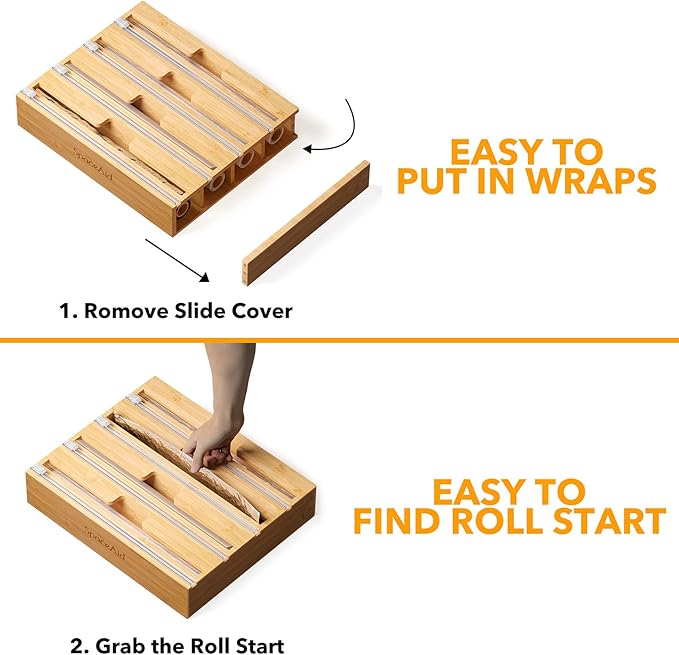 SpaceAid WrapNeat 4 in 1 Wrap Organizer with Cutter and Labels, Plastic Wrap, Aluminum Foil and Wax Bamboo Dispenser for Kitchen Storage Organization Holder for 12" Roll (Natural, 4-Slot)