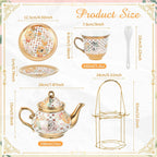 Zhehao 20 Pcs Porcelain Tea Set with Metal Holder and Spoon Adult Ceramic Tea Party Set European Flower Painting Teapot Cup Saucer Spoon Set for Women, Large Version(Delicate Style)