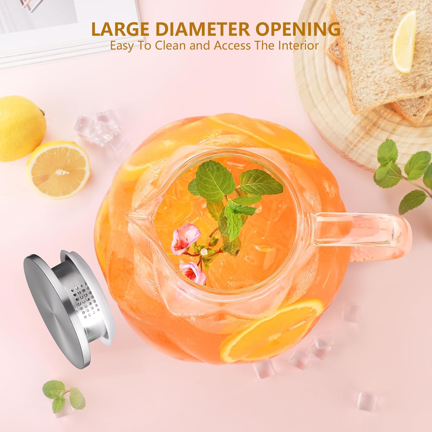 Glass Pitcher With Lid, 102oz Unique Petal Design, Stainless Steel Large Iced Tea Pitcher, Easy To Clean Lightweight Borosilicate Glass For Cold And Hot Beverages