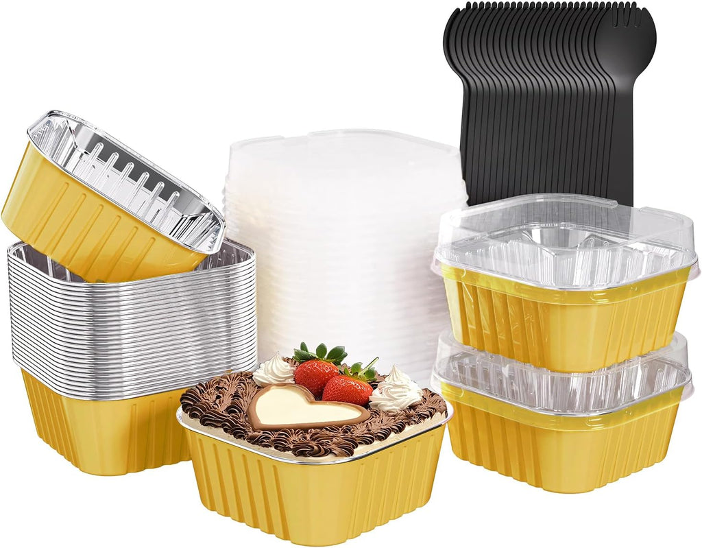 25 Pack Square Mini Cake Pans with Lids,Mini Loaf Pans with Lids,Aluminum Foil Baking Cups,Disposable Ramekins Cupcake Cups,Dessert Cups for Wedding Birthday Party Picnics,5oz (Gold)
