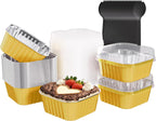 25 Pack Square Mini Cake Pans with Lids,Mini Loaf Pans with Lids,Aluminum Foil Baking Cups,Disposable Ramekins Cupcake Cups,Dessert Cups for Wedding Birthday Party Picnics,5oz (Gold)