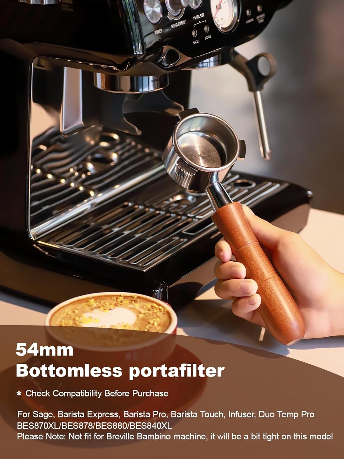 MEION 54mm Bottomless Portafilter Compatible with Breville Barista Express Machines, Sage, Barista Pro, BES870XL, BES878, BES880, Espresso Portafilter with 18g Filter Basket & Puck Screen