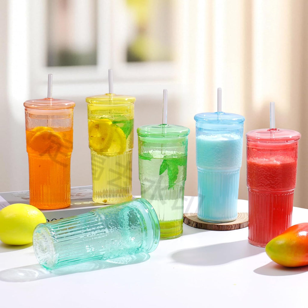 20 OZ Glass Cup with Lids and Glass Straws, High Borosilicate Iced Coffee Glass Tumblers with Lid and Straw for Drinks, 2pcs Reusable Wide Mouth Smoothie Cup(Green)