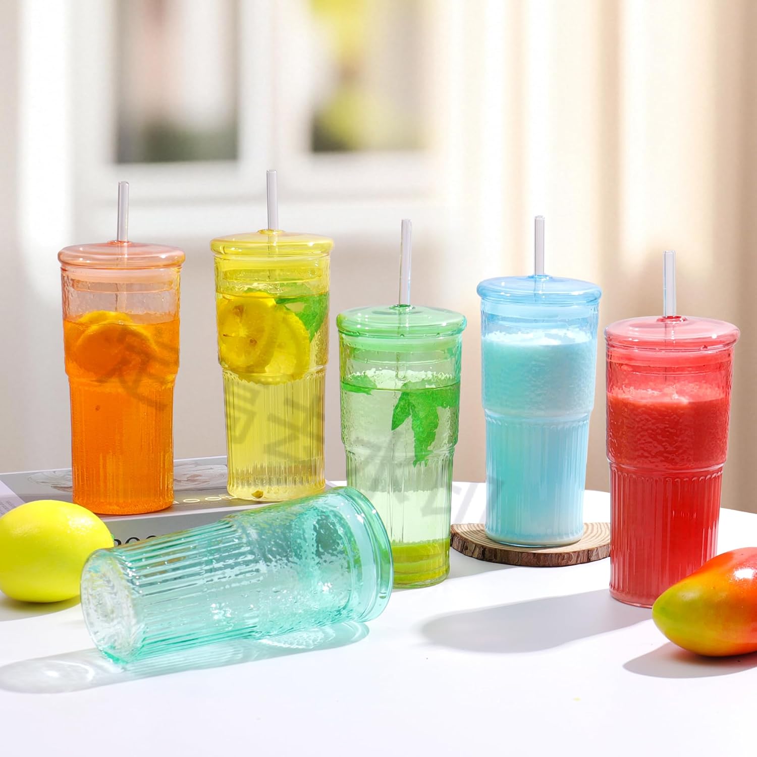 20 OZ Glass Cup with Lids and Glass Straws, High Borosilicate Iced Coffee Glass Tumblers with Lid and Straw for Drinks, 2pcs Reusable Wide Mouth Smoothie Cup(Green)