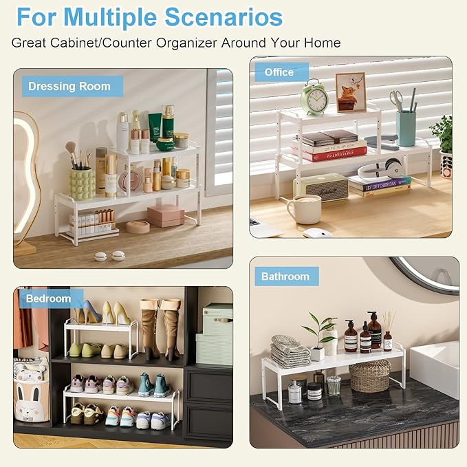 2 Pack Stackable Expandable Shelves For Kitchen Cabinet Countertop Storage, Adjustable Counter Cupboard Pantry Organizer Shelf Rack Stand, Length:25.5 Inch