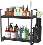 Bathroom Counter Organizer, Wood Vanity Trays with Basket, Skincare Countertop Organizers, Large Capacity Makeup and Perfume Organizer