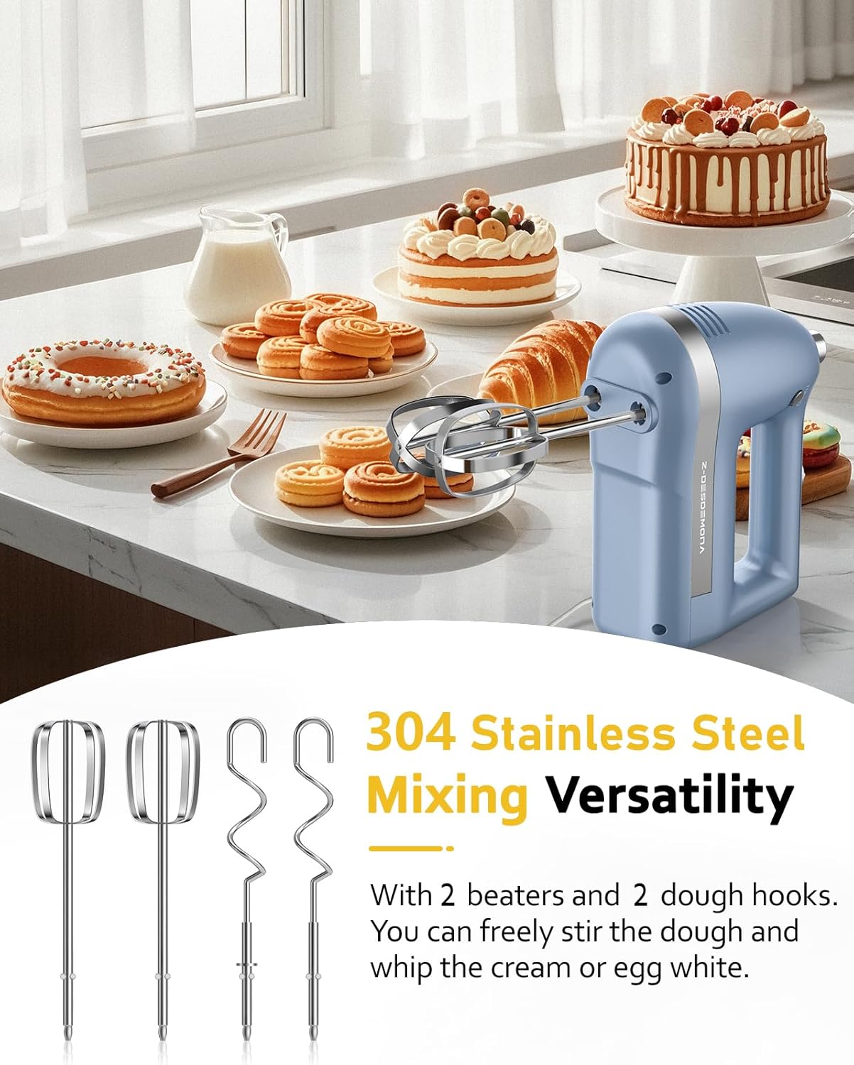 Electric Hand Mixer, Powerful 300W Hand Mixer Electric Handheld with 304 Beaters, Dough Hook, Hand Held Mixer with Turbo for Baking Cakes, Eggs, Cream Food(Blue)