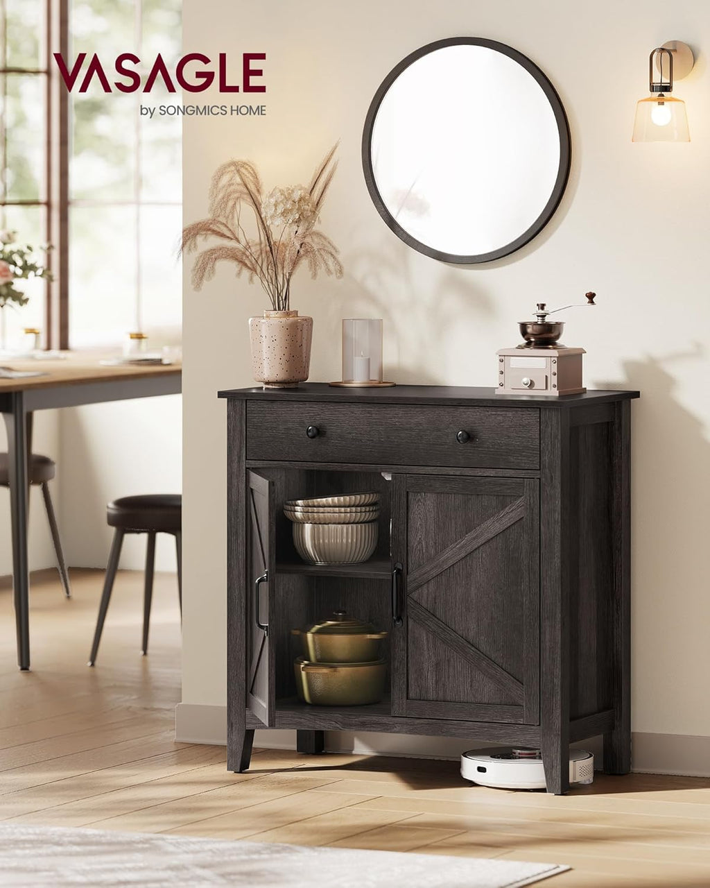 VASAGLE LIRY Collection - Buffet Cabinet, Coffee Bar Cabinet with a Drawer, Adjustable Shelf, Sideboard Storage with Cable Hole, Drawer Divider, Antique Charcoal UBBK341B02