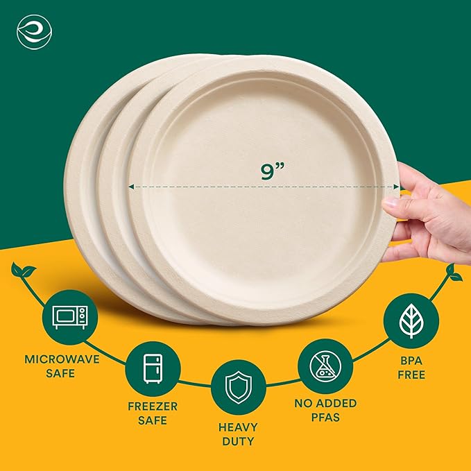 ECO SOUL Compostable 9 Inch(200-Pack) Biodegradable Heavy-Duty Disposable Eco-Friendly Paper Plates for Christmas Dinner & Parties, Wedding, Event