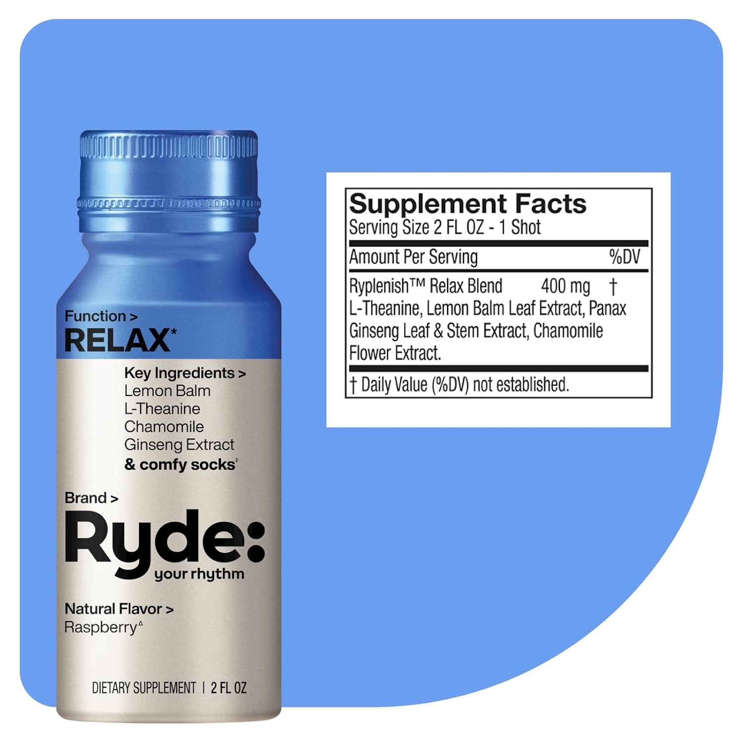 Ryde: Relax Shot | Raspberry Flavor | Lemon Balm, L-Theanine, Ginseng & Chamomile |0 Calories, 0 Sugar | 2 FL OZ Shots | Helps You Relax* (24 Pack)