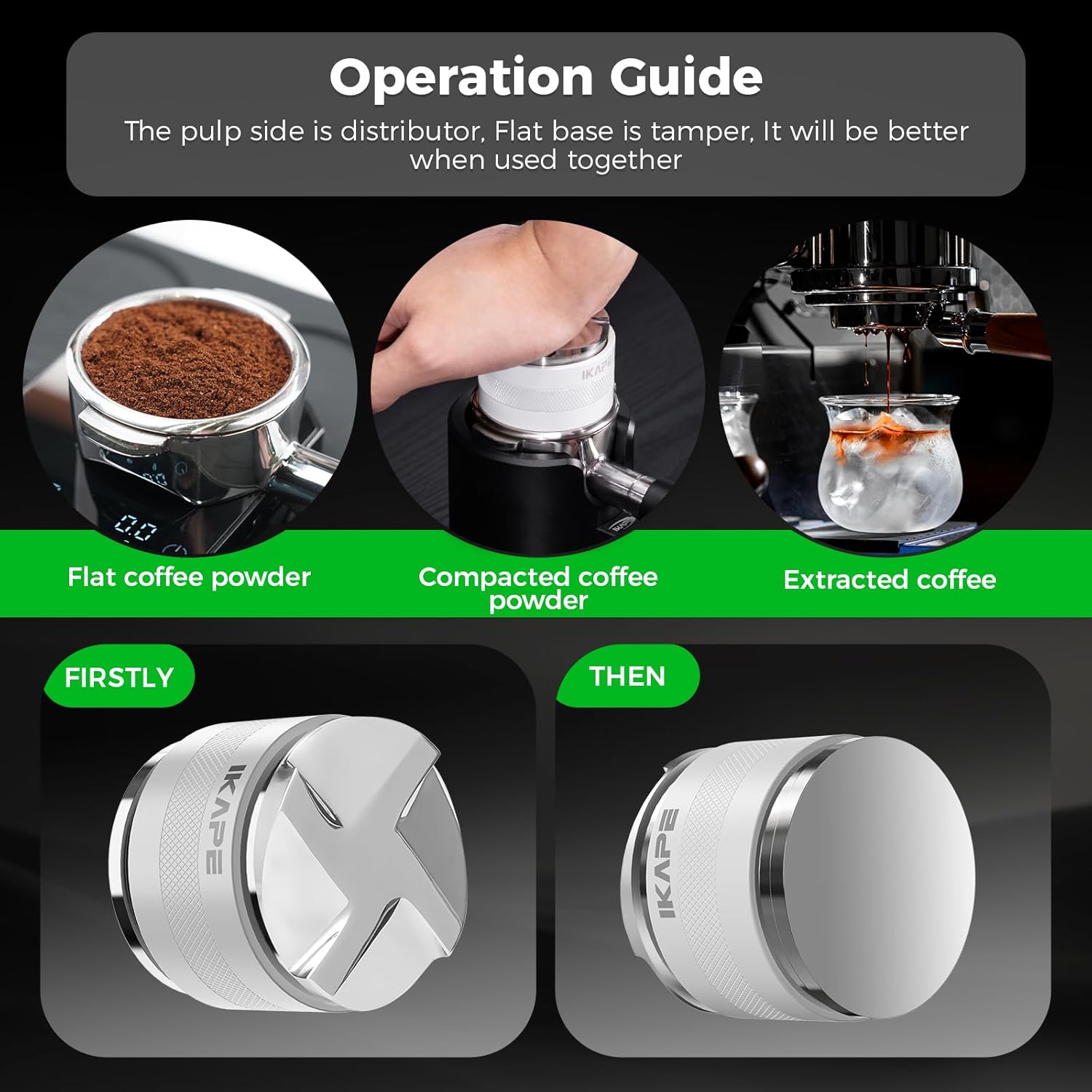 IKAPE Coffee Products, 51mm Coffee Distributor & Hand Tamper, Adjustable Depth Espresso Distributor Fits All 51mm Espresso Portafilter, Compatible with Delonghi Bottomless Portafilter (White)