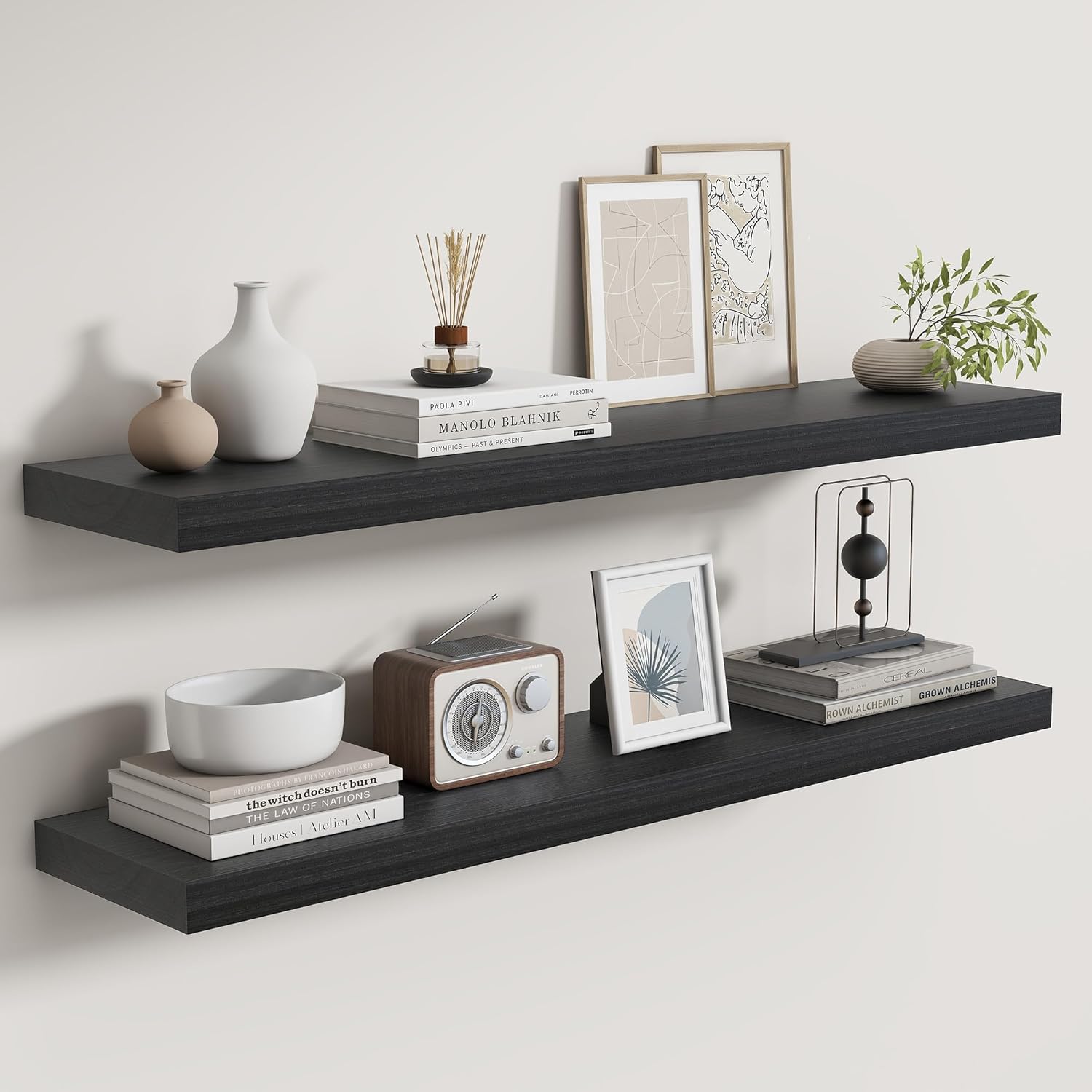 Fun Memories Rustic Real Wood Floating Shelves, 8 Inch Deep Floating Shelf Wall Mounted, 36" W x 8" D Wall Shelves Storage Shelves for Living Room, Bedroom, Bathroom, Black Finish, Set of 2
