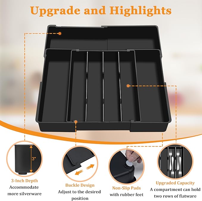 Homecor Silverware Organizer - Expandable Kitchen Drawer Organizer, 3" High Utensil Holder, BPA Free Flatware and Cutlery Tray for Spoons Forks Knives, Plastic Kitchen Organizer and Storage, Black