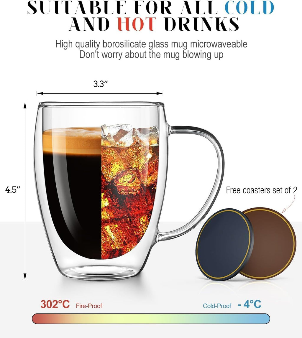 OJA Double Wall Glass Coffee Mugs Set of 2, 13oz Clear Glass Mugs, Insulated Coffee Cups, with coaster, Perfect for Espresso, Latte, Cappuccino, American, Tea Bag, Beverage