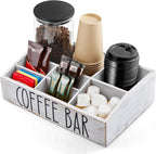 ALELION White Coffee Station Organizer for Countertop - 7 Compartments Rustic Coffee Bar Accessories and Organizer with Removable Dividers