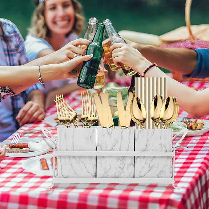 Kitchen Utensil holder for Countertop, Silverware Caddy,Marble White Cutlery Holder Utensils Organizer for Party Gatherings, Metal and Durable Design