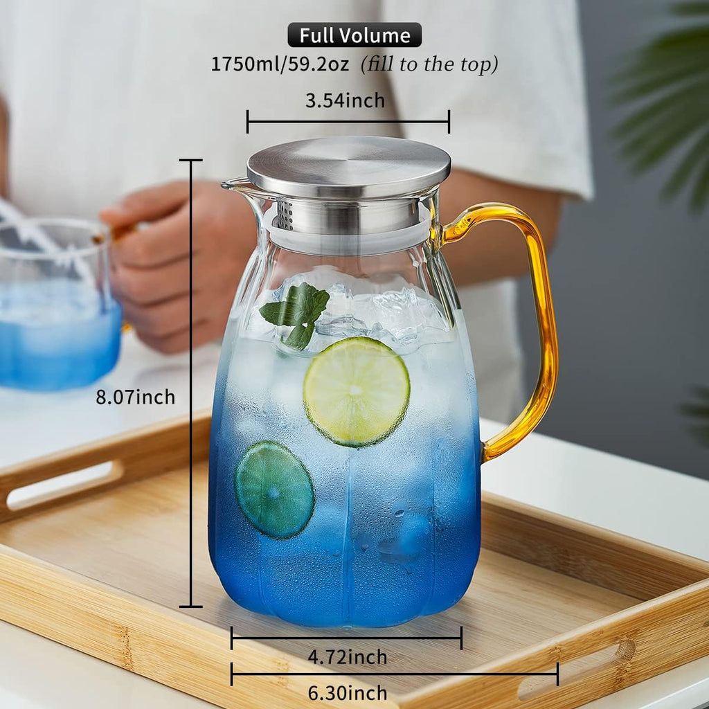68OZ Glass Pitcher with Lid and Spout, Water Jug, 2000ml Carafe for Hot/Cold Water, Large Iced Tea Pitcher for Coffee, Juice and Homemade Beverage