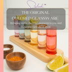 Saludi Colored Shot Glasses, 2oz (Set of 6) Multi-Color Glass with Wood Paddle - Luxury, Durable, Hand-Blown