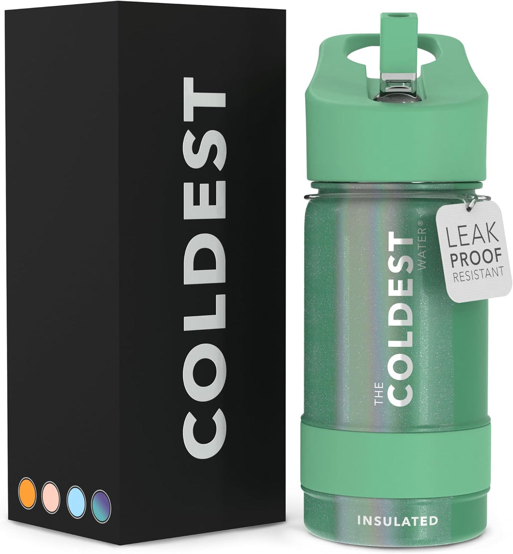 Coldest Insulated Water Bottle with Straw Lid - Stainless Steel Metal Insulated Bottle for Men & Women (Green Aurora Glitter, 14 oz)