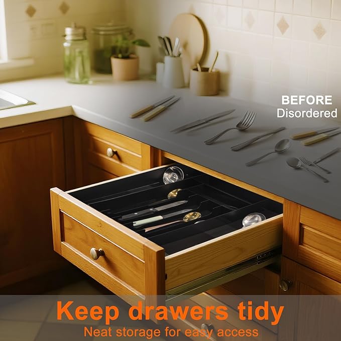 Silverware Organizer, Expandable Kitchen Drawer Organizer, Adjustable Cutlery Organizer, Forks, Knifes, Multipurpose Storage Divider(7-9 Slots), Large, Black