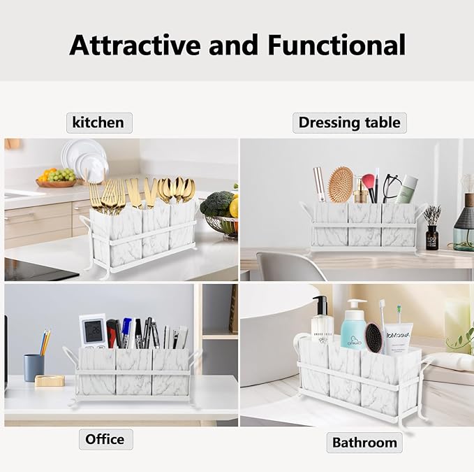 Kitchen Utensil holder for Countertop, Silverware Caddy,Marble White Cutlery Holder Utensils Organizer for Party Gatherings, Metal and Durable Design