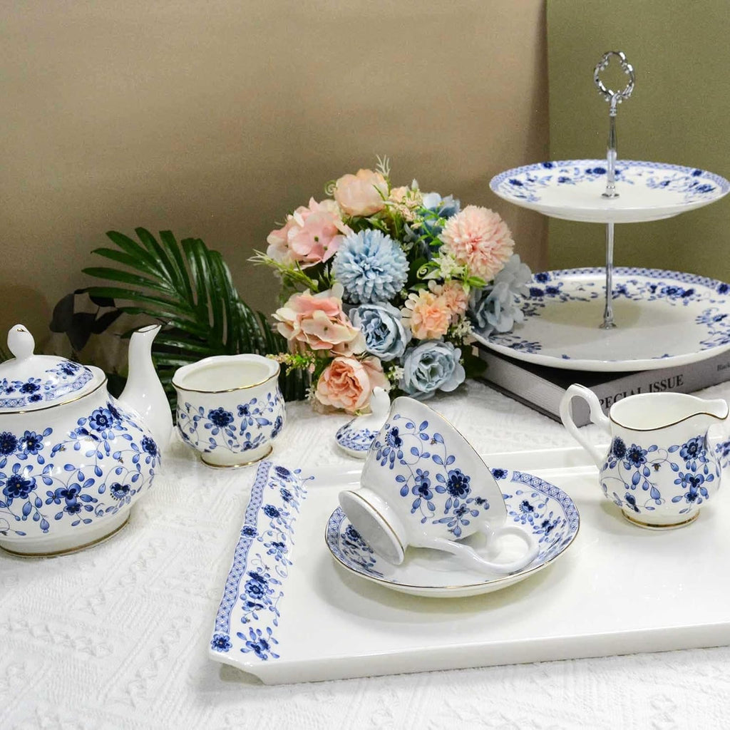 Bone China Tea Set with 2-Tier Afternoon Tea Stand and Serving Trays