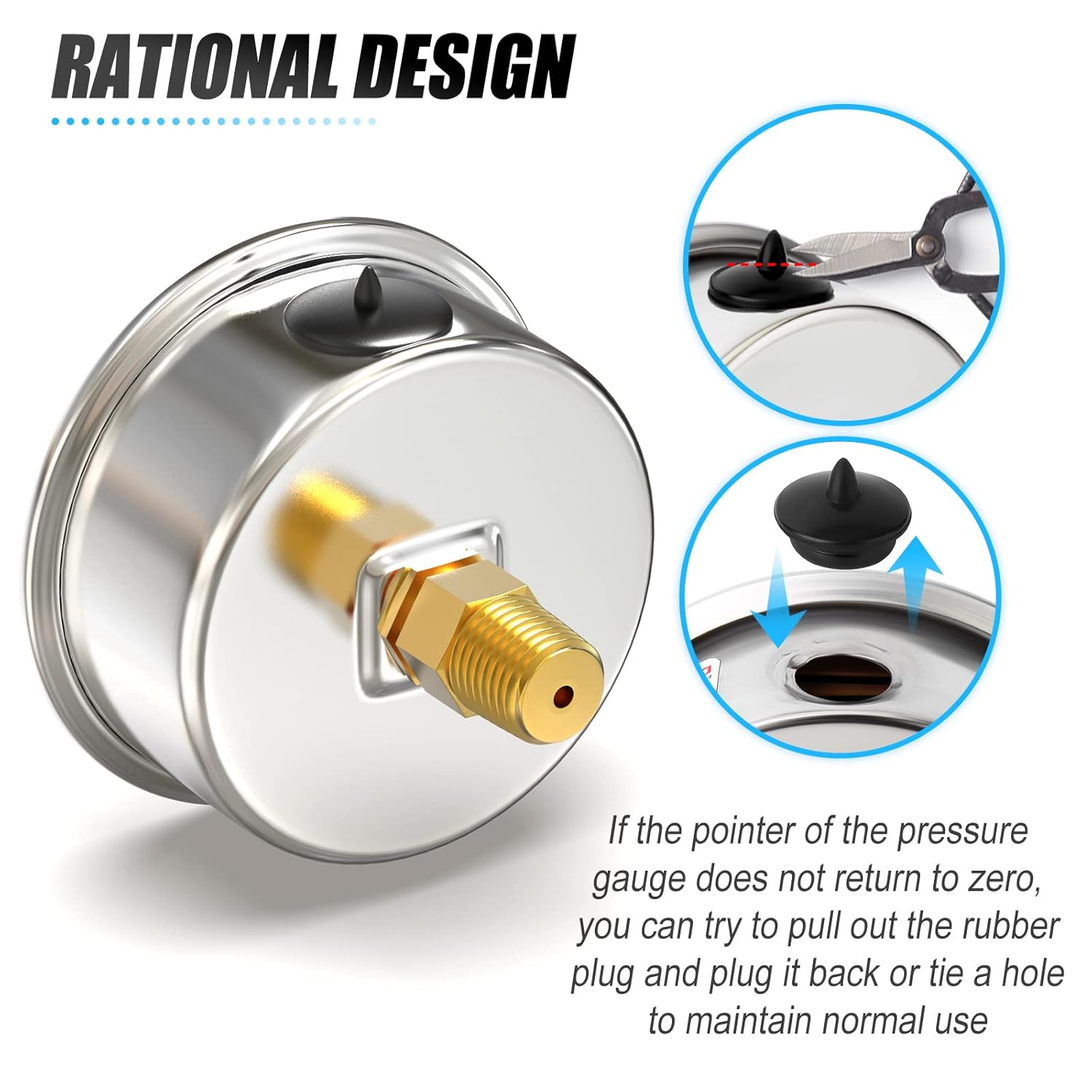 MEANLIN MEASURE 0~60Psi Stainless Steel 1/4" NPT 2.5" Single Scale FACE DIAL, Glycerin Filled Pressure Gauge, Pool Sand Filter, Back Mount, with 1/4" x 1/2" NPT and 1/4" x 3/8" NPT Hex Bushing