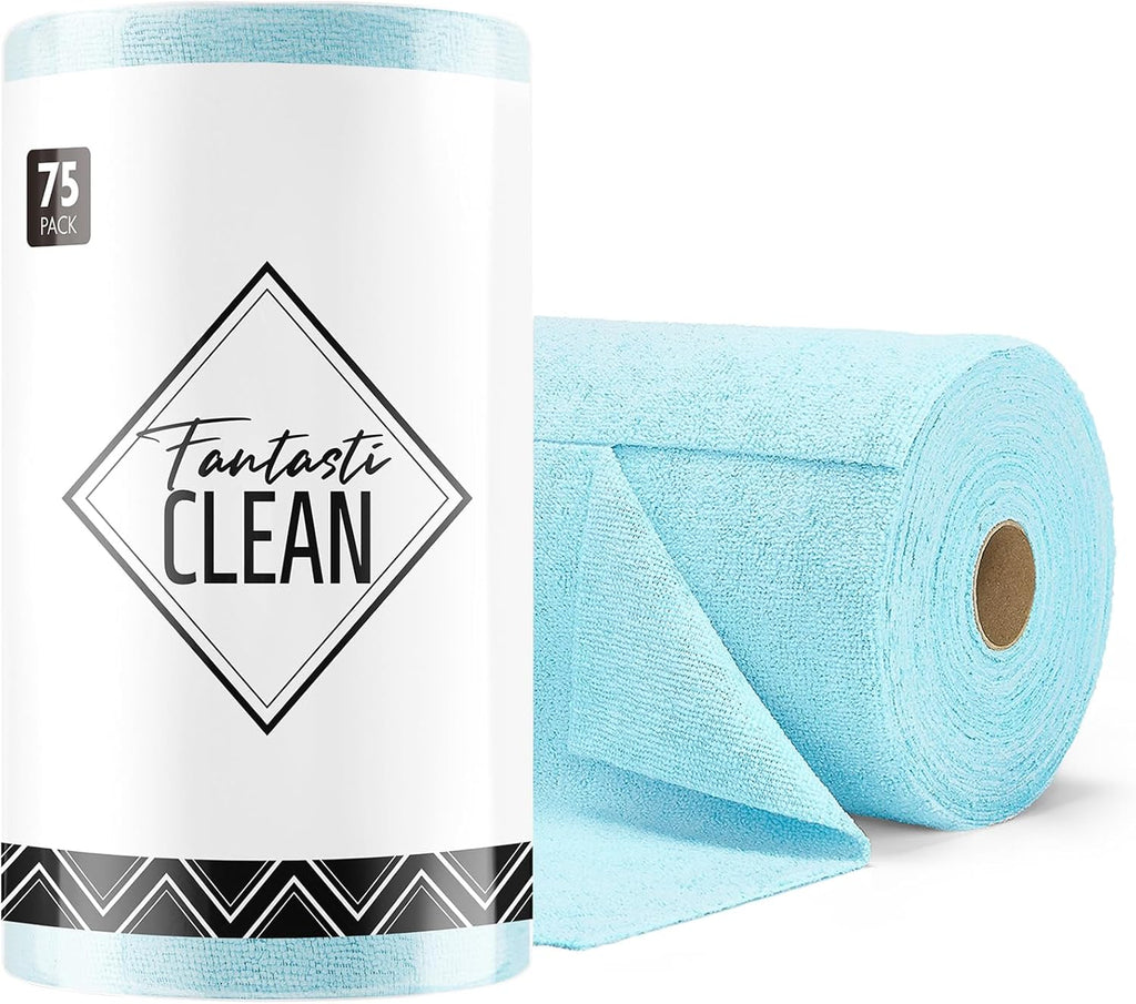 Fantasticlean Microfiber Cleaning Cloth Roll -75 Pack, Tear Away Microfiber Towels, 12" x 12", Reusable, Washable, Scratch Free, Ultra Absorbent Dishcloth for Home Supplies, Car, Pet, Kitchen (Blue)