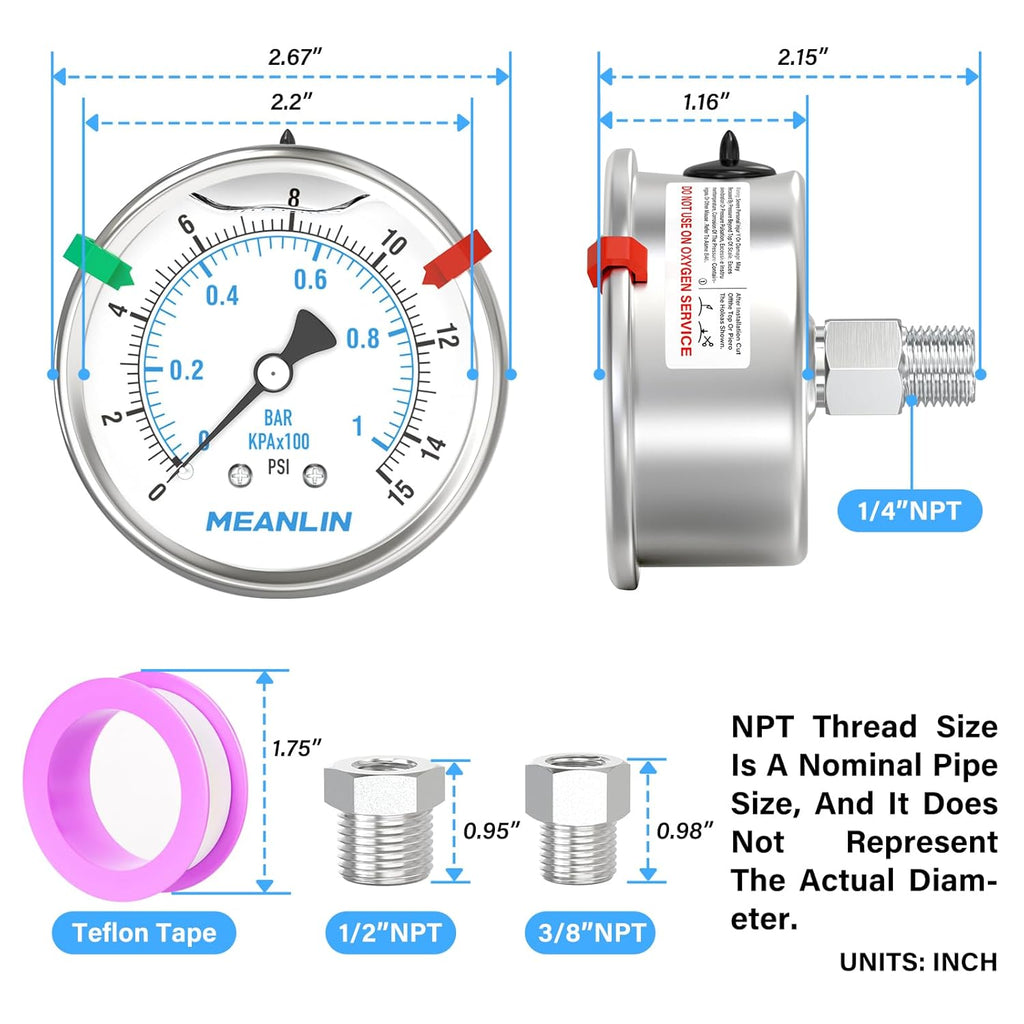 MEANLIN MEASURE 0~15Psi Stainless Steel Liquid Filled Pressure Gauge 2.5" FACE DIAL 1/4" NPT for Water Oil Air Well Pump Tank Tire Pressure Test Back Mount with Stainless Steel Hex Bushing and Snaps