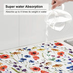 Spring Wildflowers Dish Drying Mats for Kitchen Counter, Watercolor Poppy Cornflower Drying Rack Pad Ultra Absorbent Microfiber Dish Mat for Coffee Countertop Decor 18x24 Inch