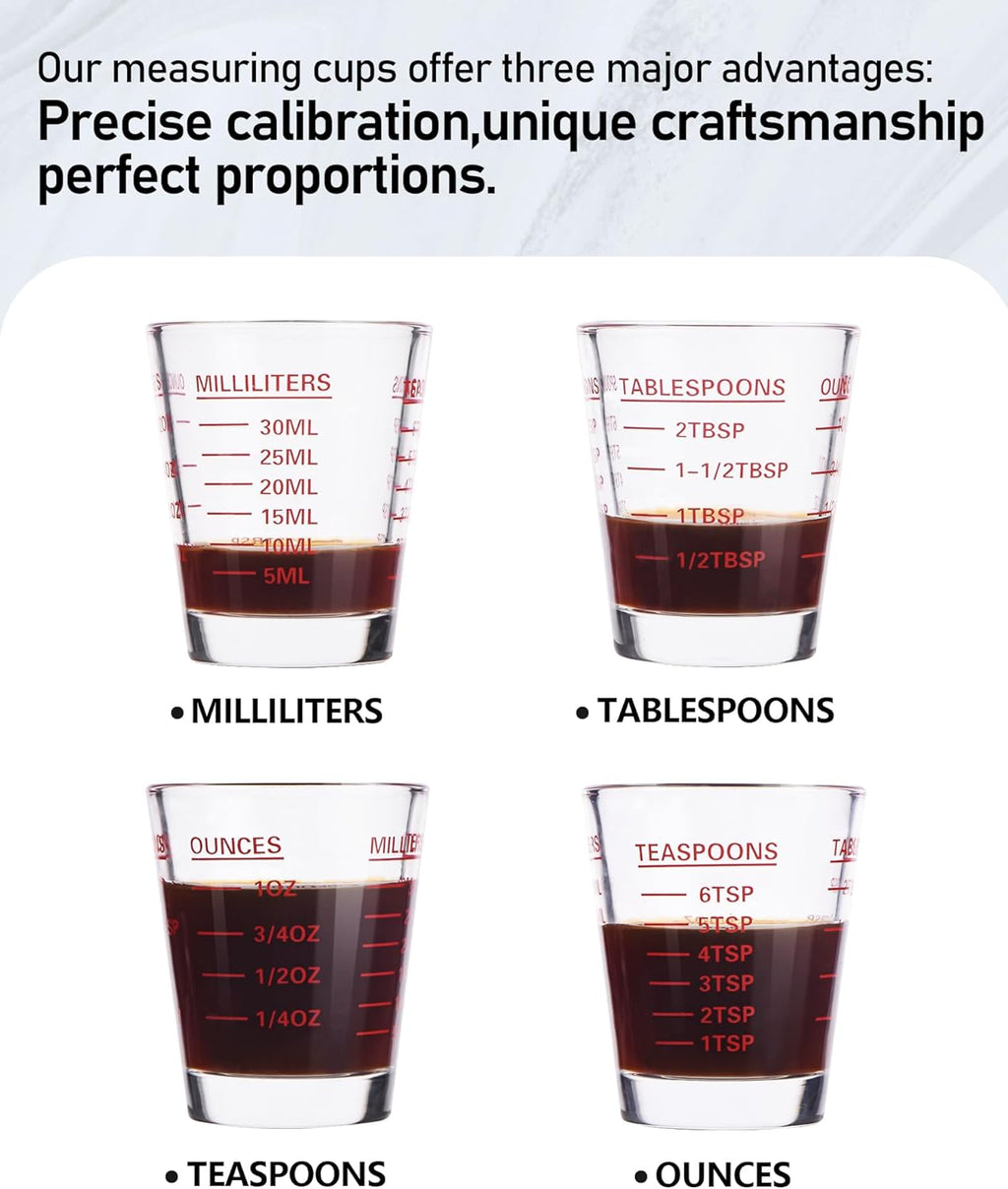Shot Glasses Measuring Cup Set 2PACK Espresso Shot Glasses Liquid Heavy Glass 26-Incremental Measurement 1 OZ, 2 TBS, 6 TSP, 30 ML Kitchen Tools (RED&Black)