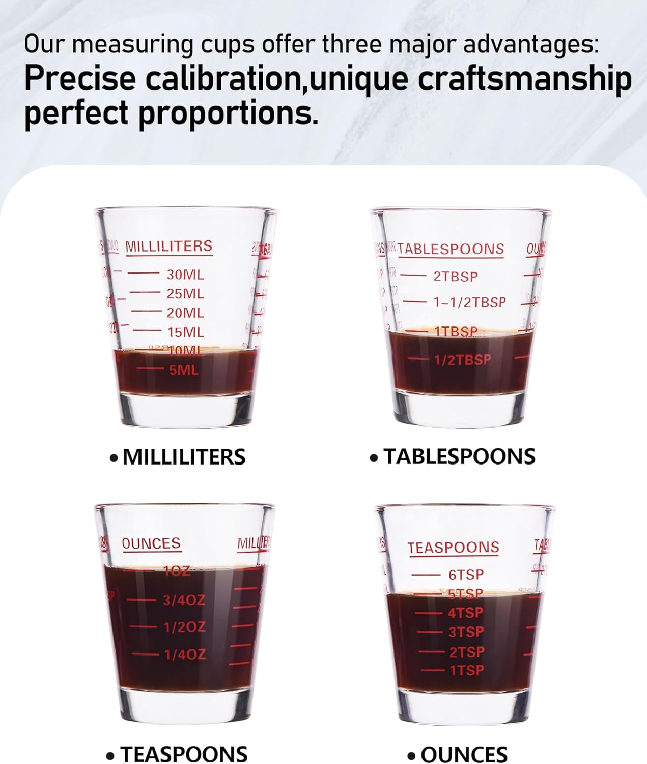 Shot Glasses Measuring Cup Set 2PACK Espresso Shot Glasses Liquid Heavy Glass 26-Incremental Measurement 1 OZ, 2 TBS, 6 TSP, 30 ML Kitchen Tools (RED&Black)